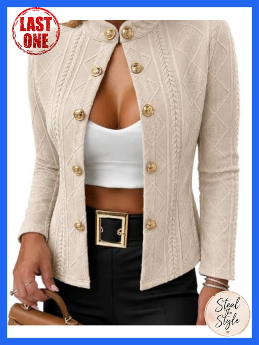 Argyle Cable Knit Cropped Jacket Button Up Stand Collar Long Sleeve Layering
